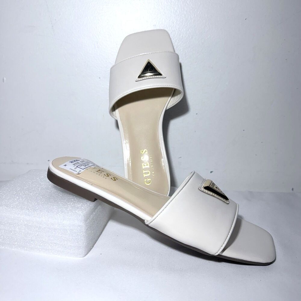 Guess Women's Ivory Slide Sandals Golden Logo Size 5.5 NEW